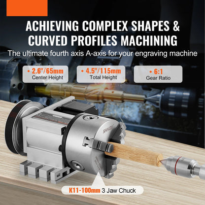 CNC 4e As – CNC Rotatieas – Freesas – Gravureas – Multifunctionele As – K11 100mm Klauw – Nema23 Motor