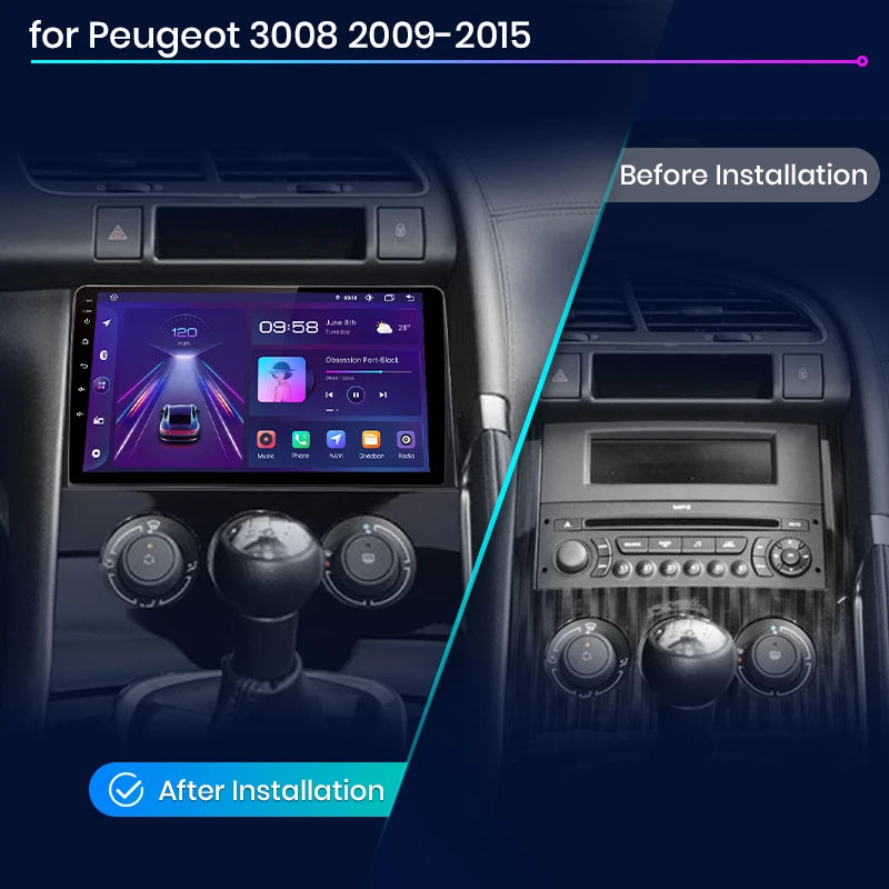 Android Autoradio Peugeot 3008 – Touchscreen Navigatie Systeem – Draadloos CarPlay Android Auto – 9 Inch HD Scherm – DSP Geluid – Stuurwielbediening Compatibel