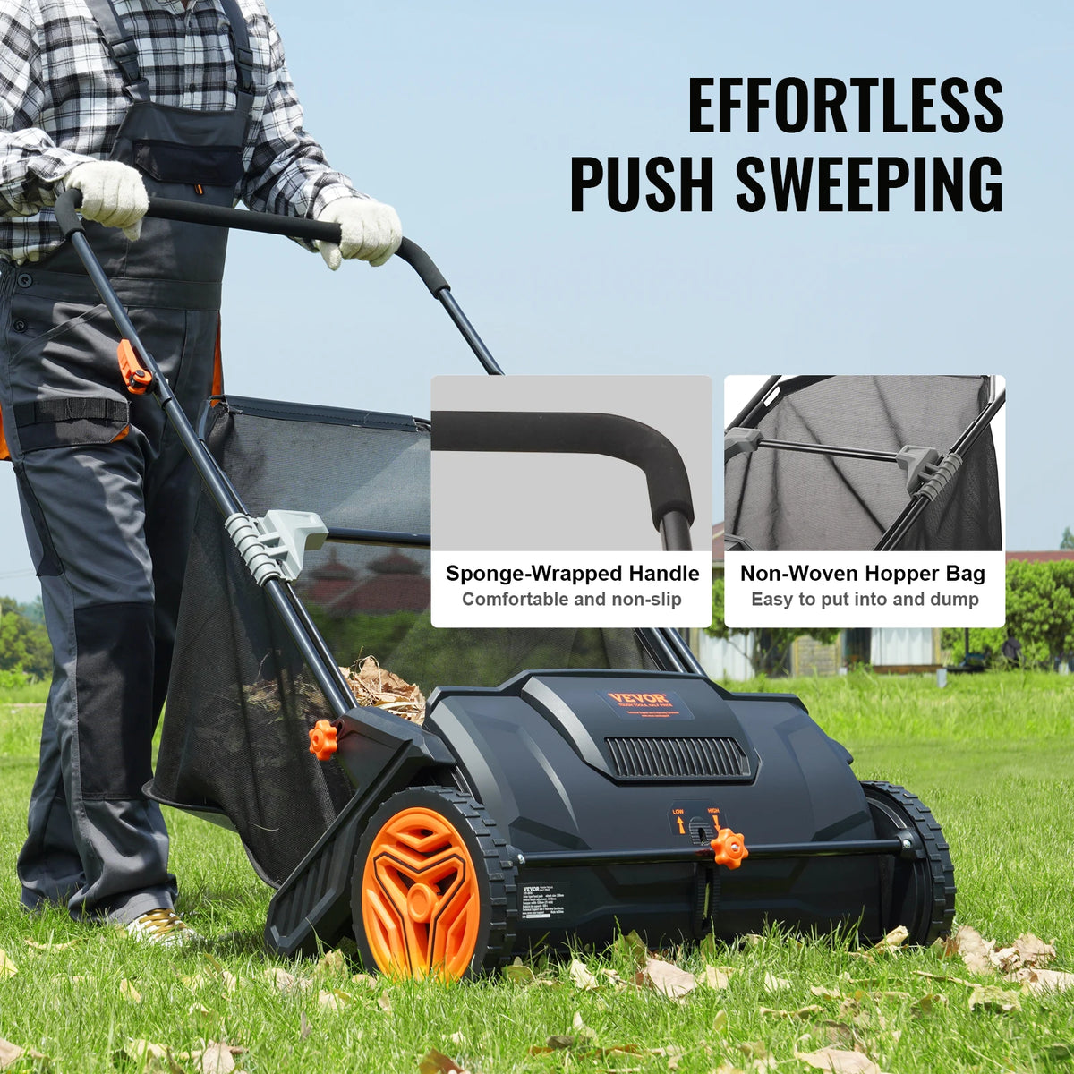 Vevor - Push Lawn Sweeper - Grass Trimmers - Hand Mower - 21inch - Leaf Grass Collector - with Large Capacity Mesh - Robust Steel Lawn Sweeper - Black