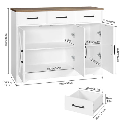 Zijbuffet – Sideboard – Dressoir – Buffetkast – Keukenbuffet – Variant Multi – Ruim Werkblad 108x38,5 cm – 3 Laden Met Metalen Ladegeleiders - QUORE
