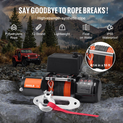 SucceBuy 6000lbs Electric Winch Car Truck Winch with 1/4 in 55 ft Synthetic Rope Wireless/Wired for Towing SUV Jeep Trailer Boat