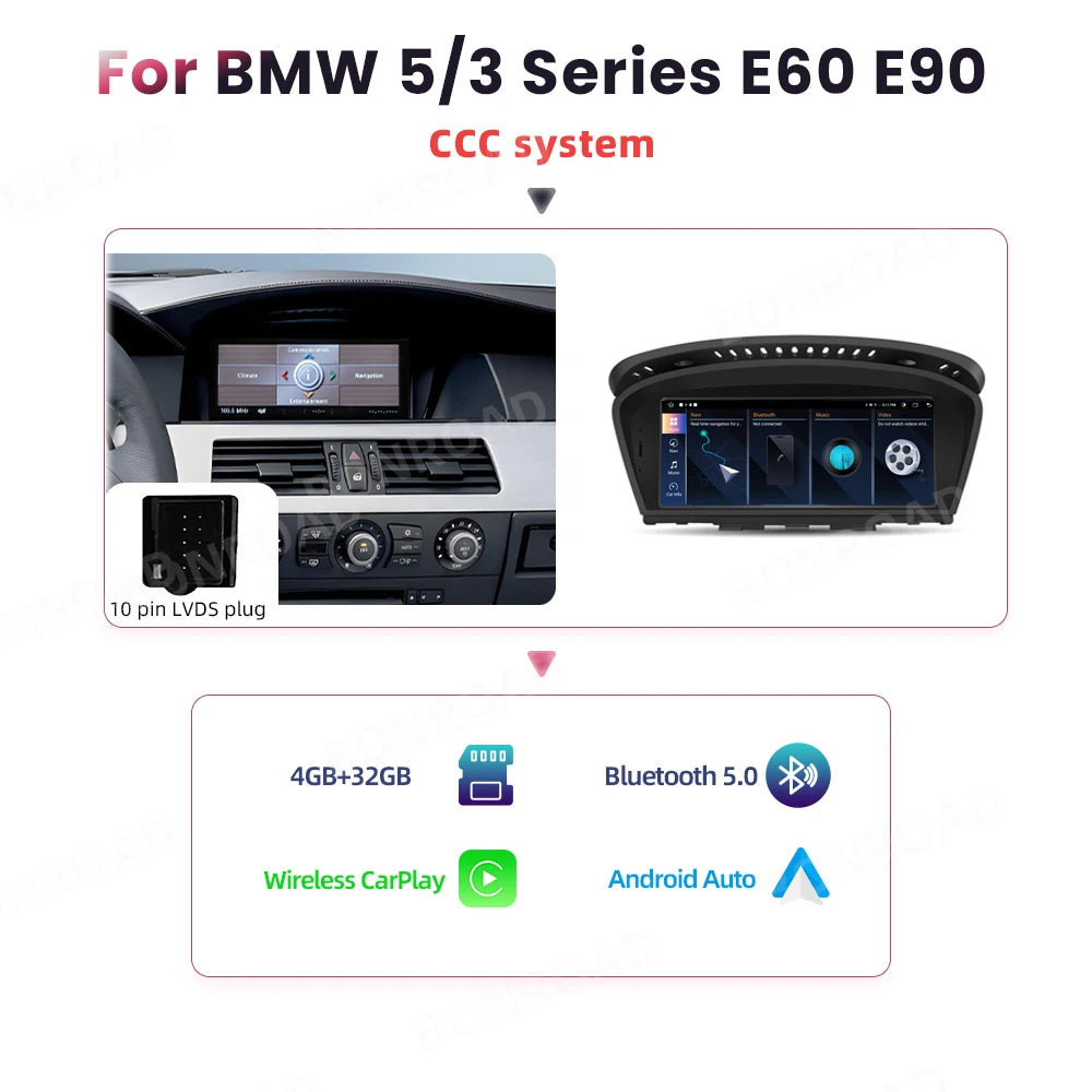 Carplay Autoradio – Multimedia Systeem – Draadloos Carplay – Touchscreen Navigatie – 8,8 Inch – 4 x 45 Watt – Geschikt voor BMW 3 & 5 Serie E60 E61 E62 E63 E90 E91 E92 - QUORE