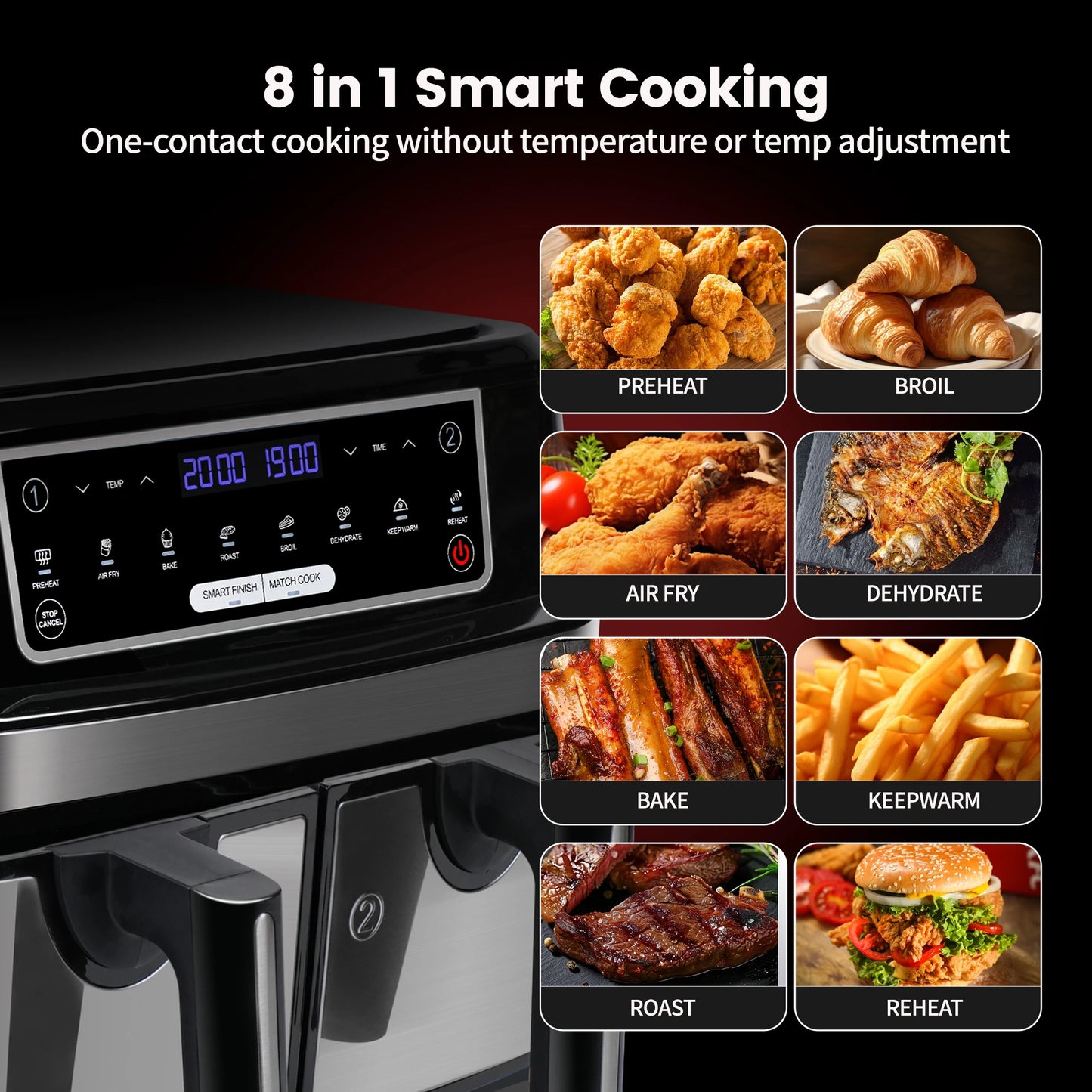 Digitale Airfryer - PFAS vrij - Groot 9 Liter - Heteluchtfriteuse - Zwart - Digital screen - 8 Voorinstellingen - Inclusief in hoogte verstelbaar Grillrack - 2 onafhankelijke 4,5L lades - met LED-touchscreen