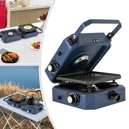 Kooktoestel - Gasstel - Campinggasfornuis - Campingmeubelen - 2-in-1 - met Grillplaat - 2 Branders - Inklapbaar - Draagbaar -  voor Buitenactiviteiten - Kamperen - Noodsituatie - 53.8 x 6.9 cm - Blauw