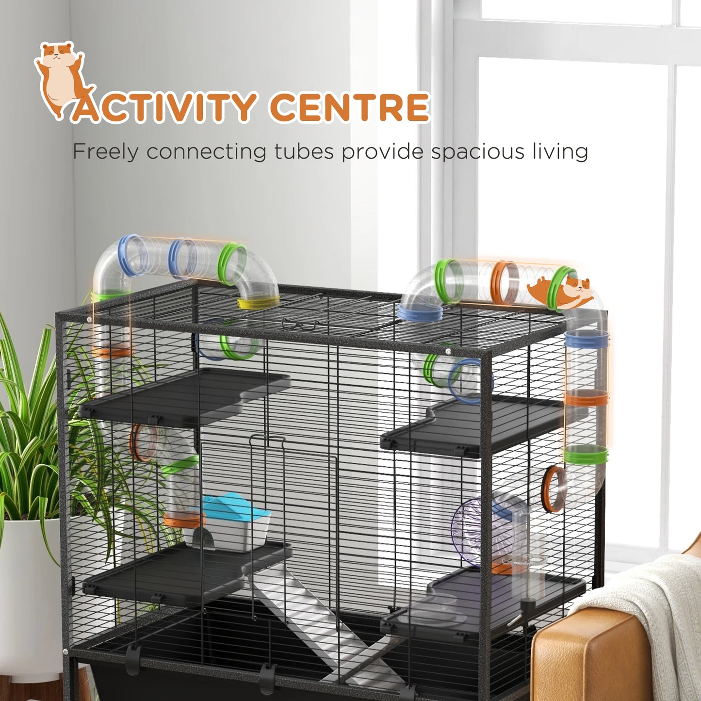 Knaagdierkooi – Hamsterkooi – Knaagdierverblijf – Kooi Met Buisjes – Dierenkooi – Ruim 109x82x46 cm – Inclusief Loopwiel & Waterfles – Zwart - QUORE