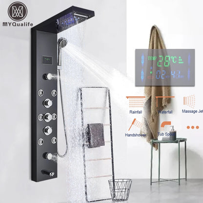 Douche - Regendouche - Douchewand - Douchekolom - Douchepanelen - LED Verlichte Regendouche Paneel – Waterval & Massage Jets met Digitale Display – Luxe Douchekolom - Zwart - QUORE