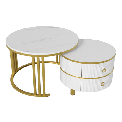 Salontafel – Koffietafel – Bijzettafel – Woonkamertafel – Rond – Set Van 2 – Met 2 Lades – MDF & Vurenhout – Groot 70x70x46 cm & Klein 50x50x40 cm