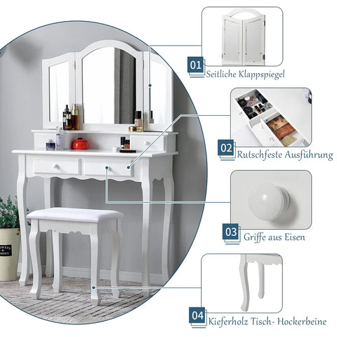 Make up kaptafel met spiegel - make up kaptafel stoel - makeup kaptafel - make-up kaptafel voor een meisje - Materiaal Houten - Laadvermogen (kg) :80-100 - Wit