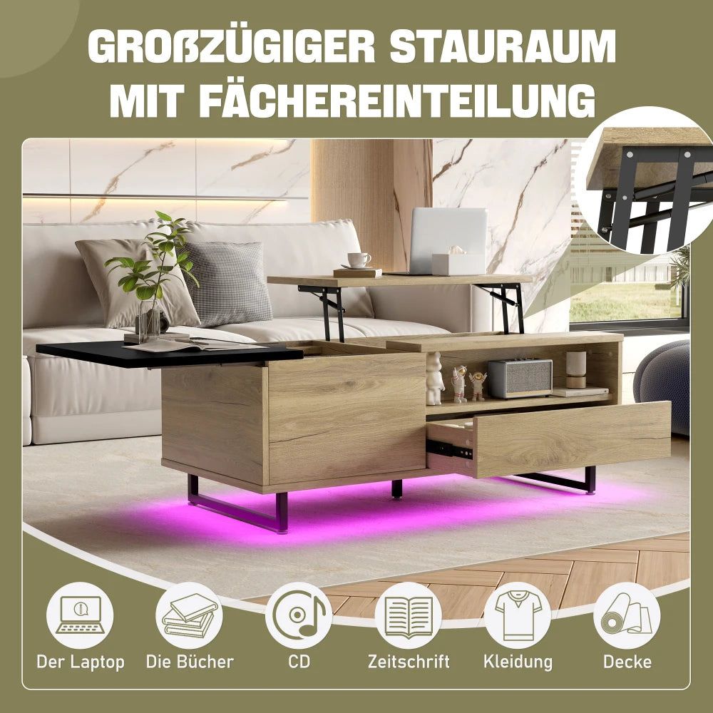 Verstelbare Salontafel – Coffee Table – Bijzettafel – Opbergtafel – Tafeltje – Met LED Vloerlamp – Met Veel Opbergruimte