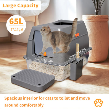 Kattenbak - Kattentoilet - kattenbakvulling - Hoge Wanden & Metalen Binnenbak – Grijs en Zilver - XL