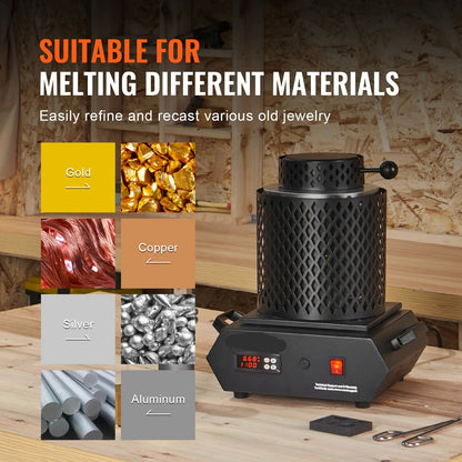 Gold Melting Furnace - Electric Melting Furnace - 1350W - 2102℉ - Thermoregulation - Furnace Metals - Tin - Silver - Gold Melting - Soldering Pot - Black