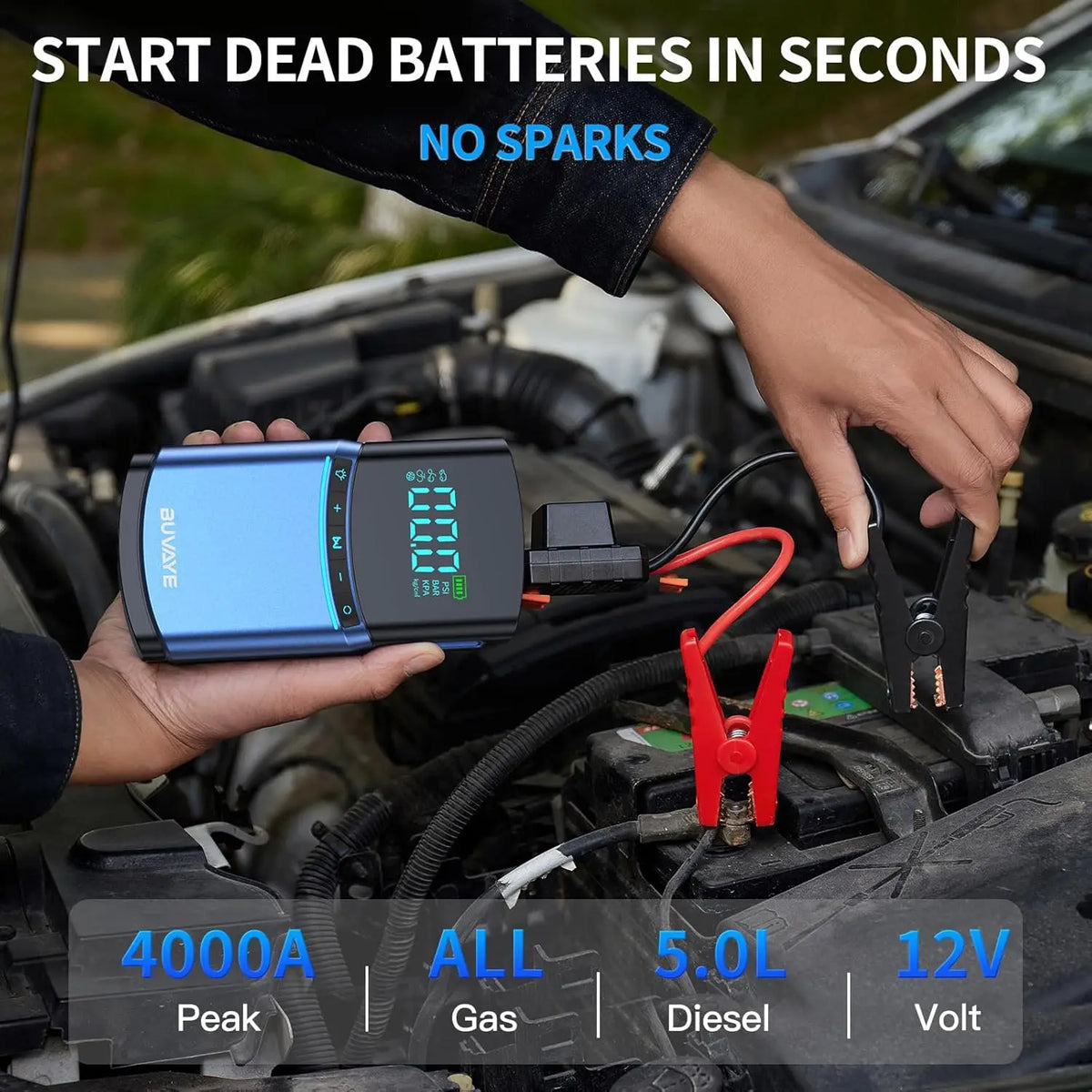 BUVAYE 4 in 1 Car Jump Starter Air Pump 150PSI Tyre Compressor 2000A Starter Device 10000mAh Power bank Digital Inflatable Pump - QUORE