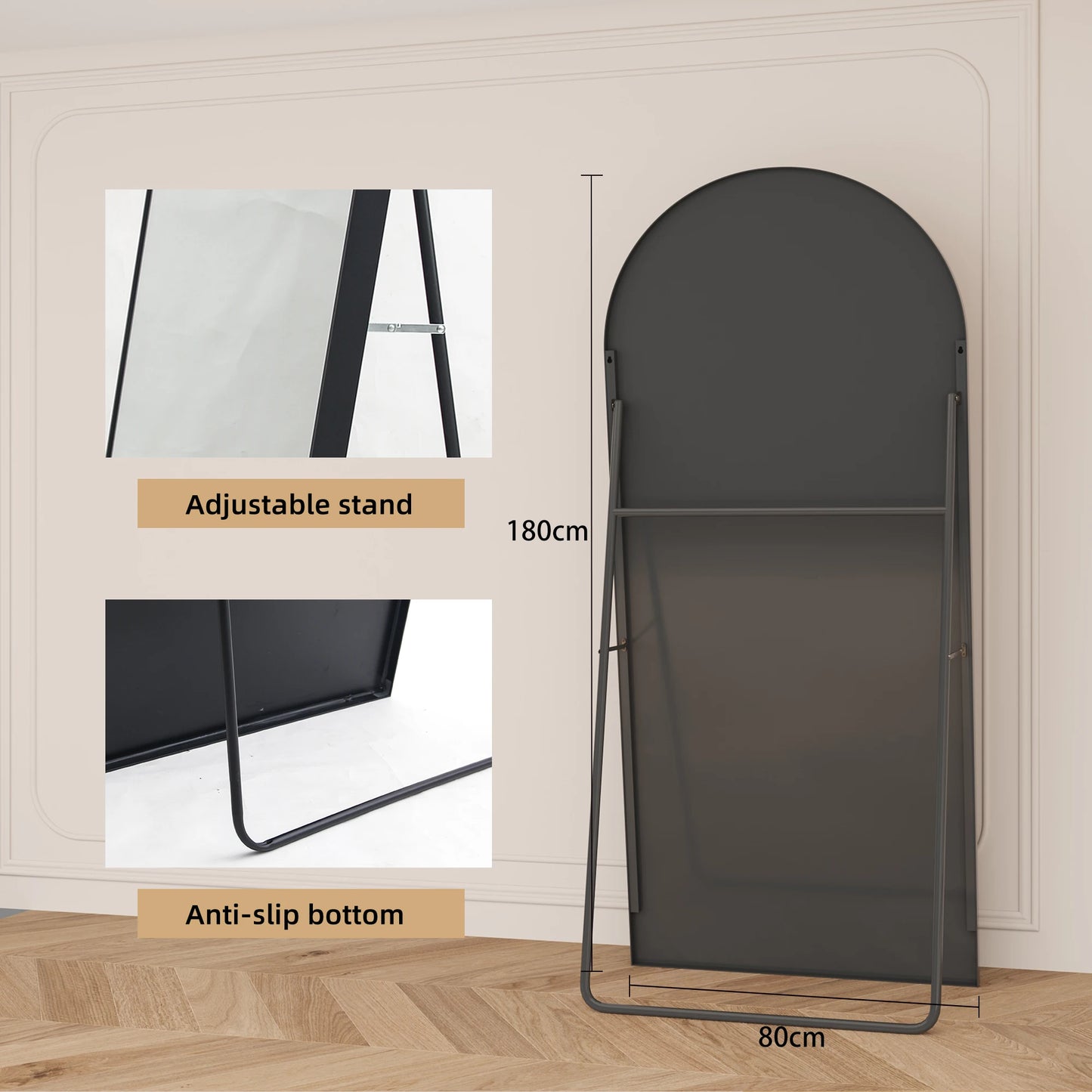 Boogvormige Spiegel – Staande Spiegel – Vloerspiegel – Wandspiegel – Full Body Spiegel – Zwart Metalen Frame – 180x80 cm Groot