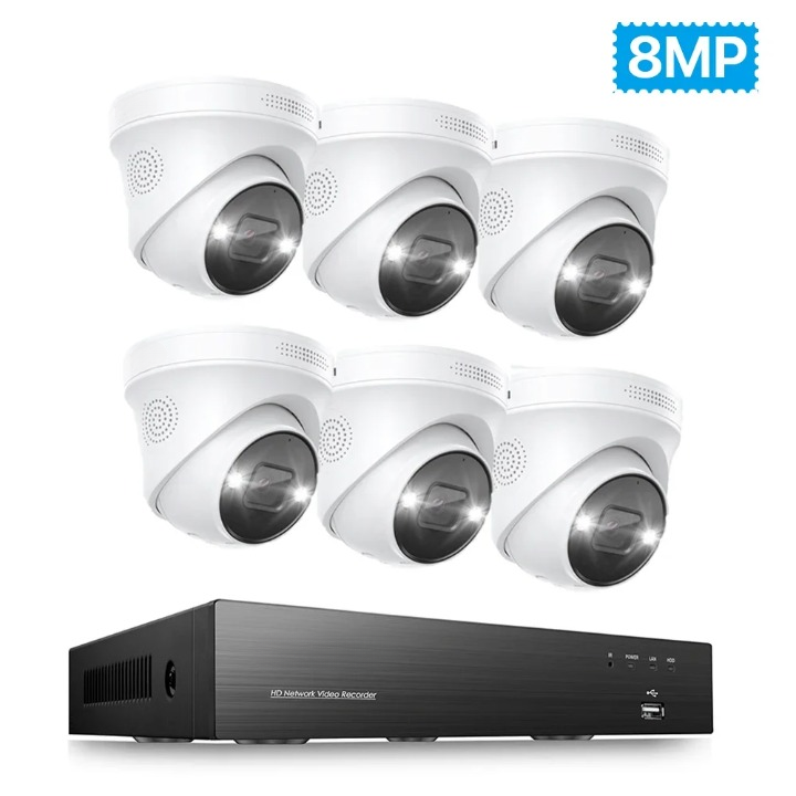 Beveiligingscamera Set – 6 Stuks - Camerabewaking – Inbraakbeveiliging – Bewakingscamera Systeem – CCTV Set – 8CH - 8MP - 4K Ultra HD Resolutie – AI Bewegingsdetectie - Geen Ingebouwde HDD