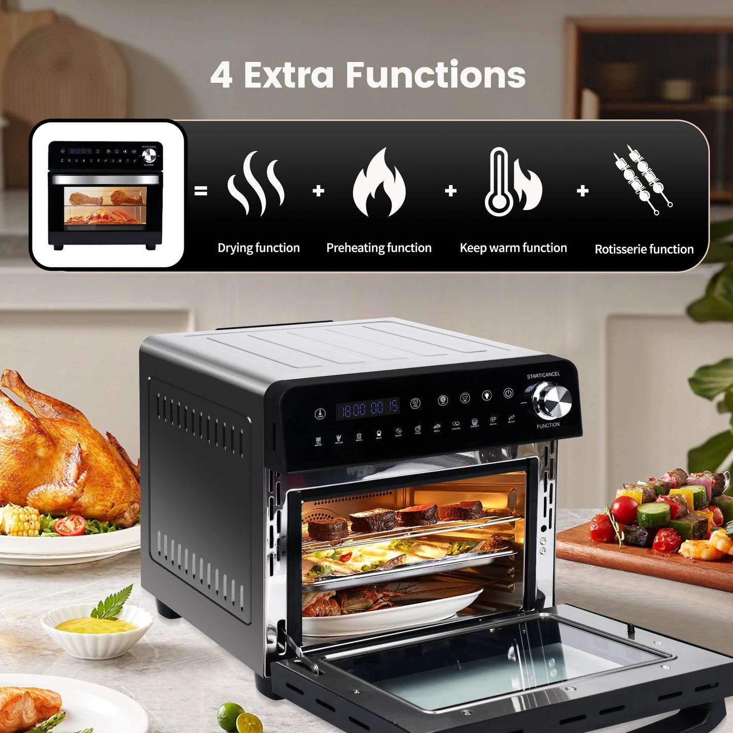 Heteluchtfriteuse - 14L – Mini Oven - 1800W - 240V - XXL - 11 Programma’s – LED Touchscreen - 14L capaciteit - Inclusief Rotisserie - en Accessoires - QUORE