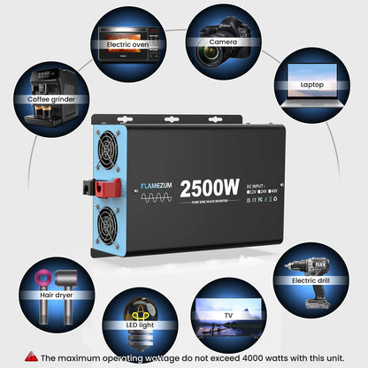Omvormer – Spanningsomvormer – Inverter – Stroomomvormer – 2500W Vermogen – Pure Sinusgolf – Afstandsbediening – Aluminium Behuizing - QUORE