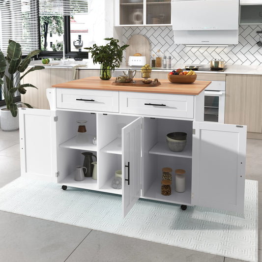 Keukenwagen – Keukentrolley – Keukenkar – Keukenmeubel – Bergwagen – Uitklapbaar Tafelblad – Wielen Met Remmen – 129x46(71)x91,5 cm – MDF Wit/Natuur