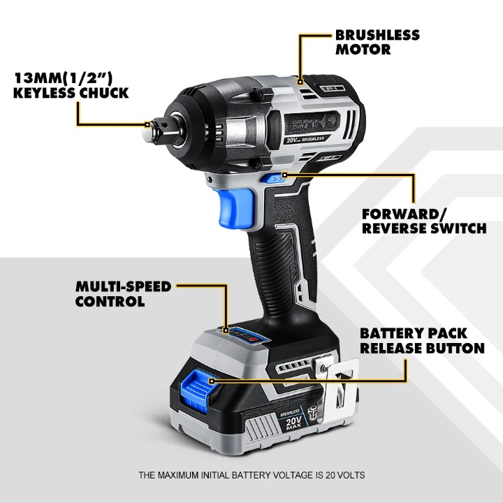 Elektrische Slagmoersleutel - Draadloze - Borstelloze - Wrench 350Nm - Hoog Koppel - Power Tools - 20V - 1/2inch - 1500mAh - Zwart/Blauw - QUORE