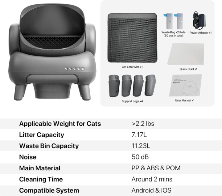 Automatische Kattenbak - Kattenbakvulling - Kattentoilet - Zelfreinigende - Bovenopen - met Mat - App – 7,17 Liter Capaciteit – Infrarood Sensoren - Grijs - QUORE