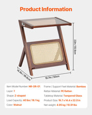 Koffietafel - Table - Coffe table - Living Room Table - Rotan Salontafel - Z-vormig - 20in - Rotan Geweven Bamboe Salontafel - met Gehard Glazen blad - voor Woonkamer Slaapkamer
