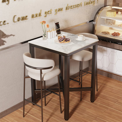 Hoge Bartafel – Bartafel – Barmeubel – Cocktailtafel – Bistrotafel – Glanzend Jaded-Wit Marmeren Blad – Zwart Metalen X-Frame – Compact 70x70x105 cm – Vlek- en Hittebestendig - QUORE