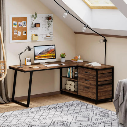 L-Vormig Bureau – Hoekbureau – Werkplek Bureau – Computertafel – Opbergbureau – Stevig Metaal Frame – Verstelbare Pootjes - Bruin 02