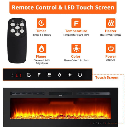 Elektrische Haard – Wandhaard – Inbouwhaard – Sfeerverwarming – Elektrische Open Haard – 40 Inch – 1800W Verwarming – 12 Kleuren Vlammeneffect