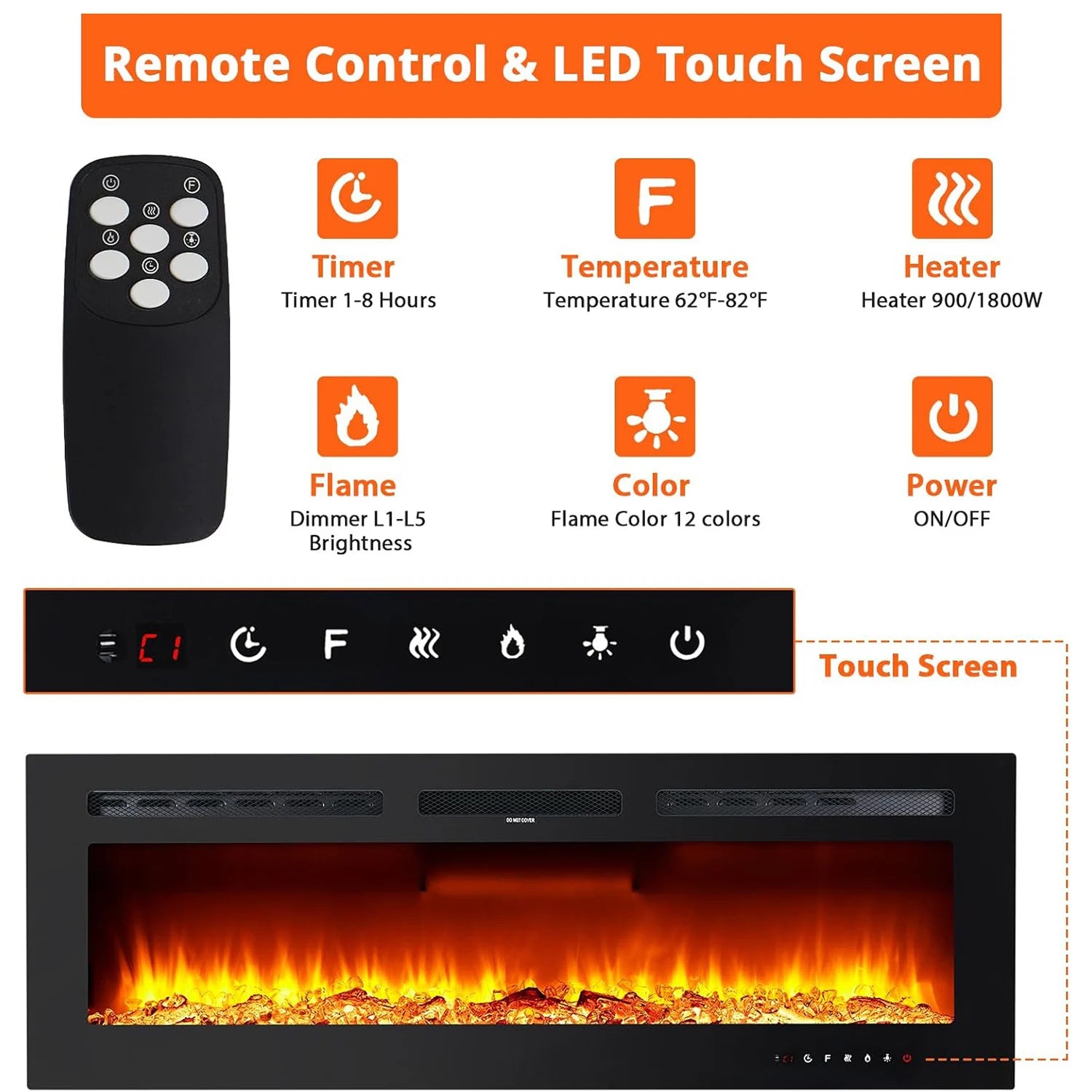 Elektrische Wandhaard – Sfeerkachel – Inbouwhaard – Wandkachel – 3-in-1 Haard – 1800W Verwarming – 12 Kleuren Vlameffecten Met Afstandsbediening - QUORE
