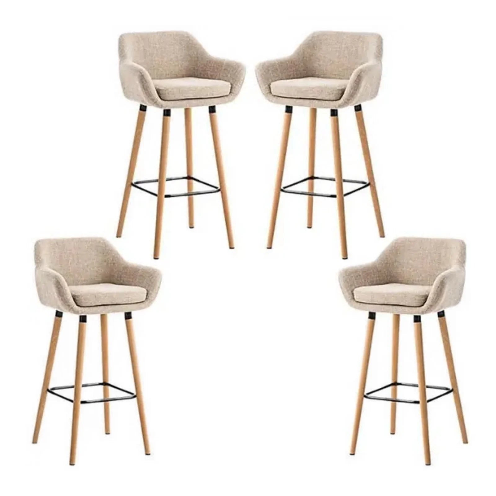 Set of 2 Bar Stools, with Backrest and Footrest, High and Padded Chair, Linen Surface, Solid Wood Legs, in Quilted Fabric - QUORE