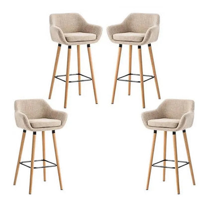 Set of 2 Bar Stools, with Backrest and Footrest, High and Padded Chair, Linen Surface, Solid Wood Legs, in Quilted Fabric - QUORE