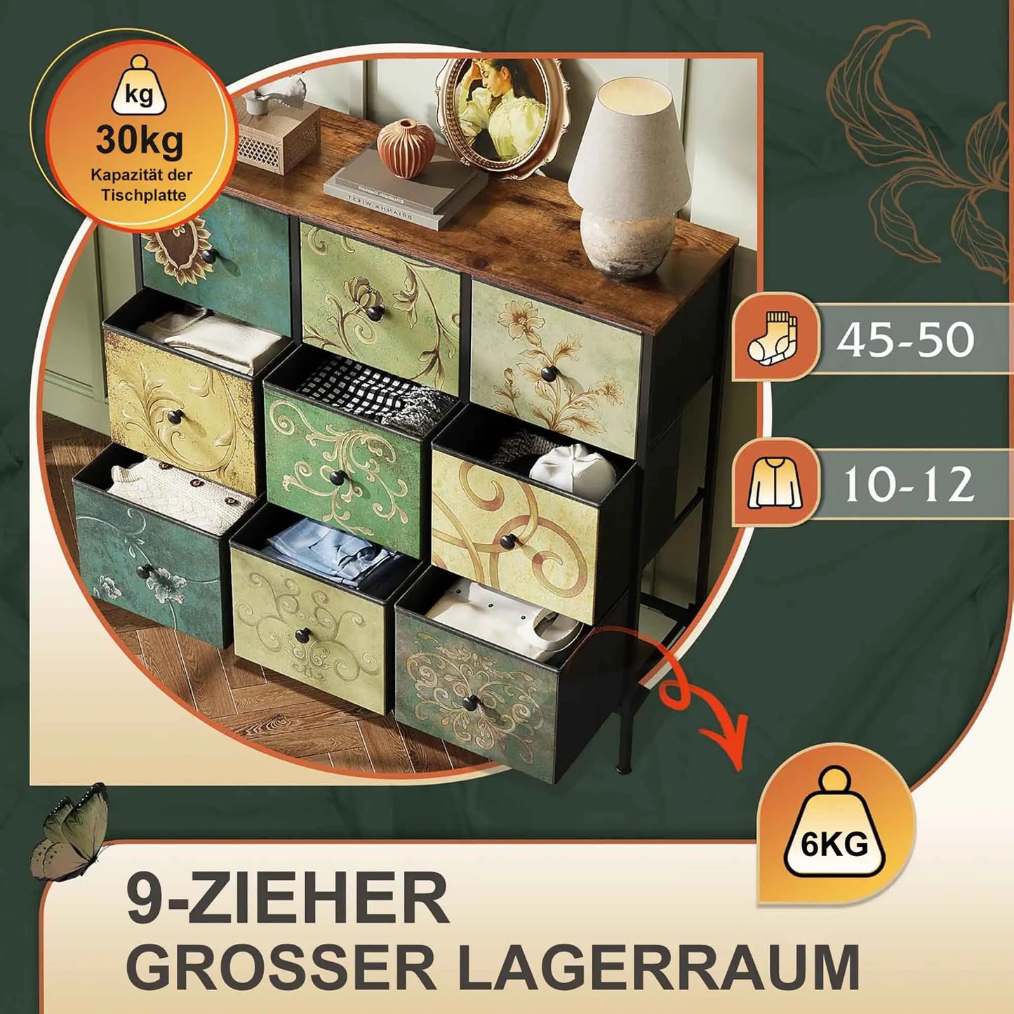 Ladenkast - Dressoir Kasten - Ladekast met 9 Stoffen Lades - Vintage Houtlook - Stabiele Opbergkast - Metaal Frame - Voor Slaapkamer - Woonkamer - Hal - 100 x 30 x 86.5 cm - Antiquiteit
