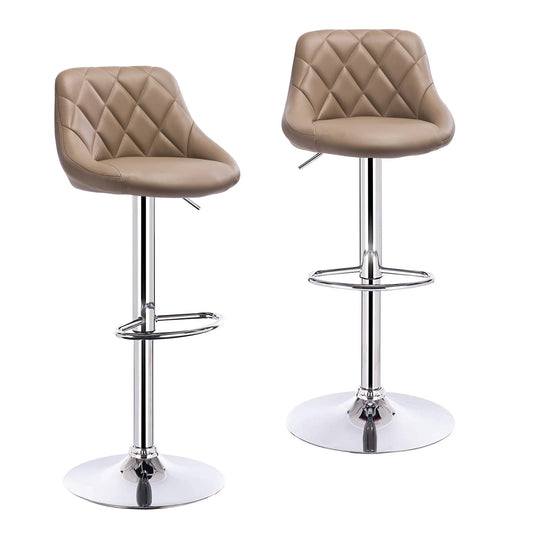 Verstelbare barkruk – Stoel - Barkruk - Rugleuning - Set Van 2 - Barkrukken met Rugleuning – Lederen - Velvet Zitting - Instelbaar met Voetsteun - Khaki Leer - QUORE