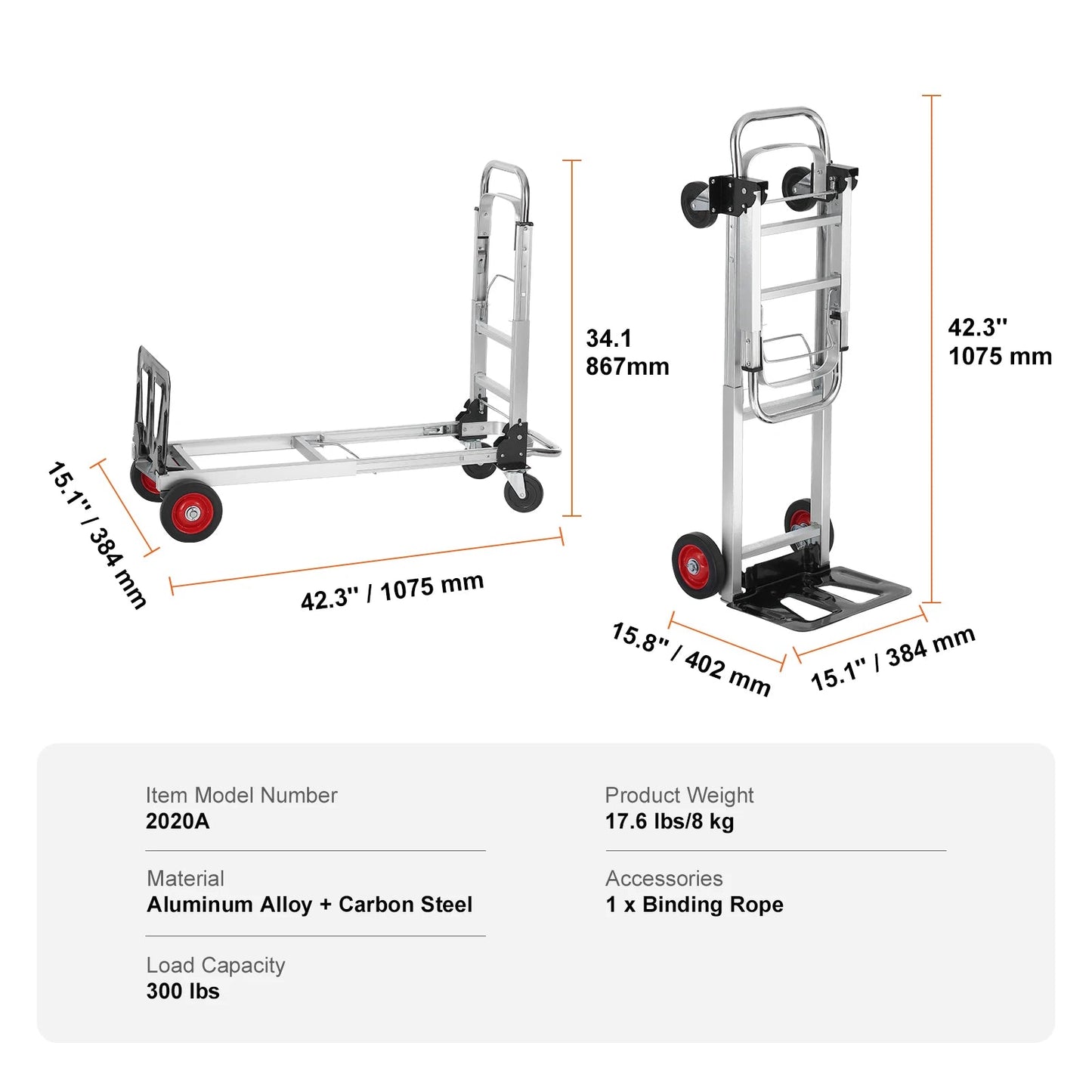 Steekwagen - Steekkar - Traploper - Transportwagen - Draagvermogen 136 kg - Vouwbare Handtruck - Aluminium Zware Industriële Dolly Kar - voor Transport en Verhuiswerk - Zilver
