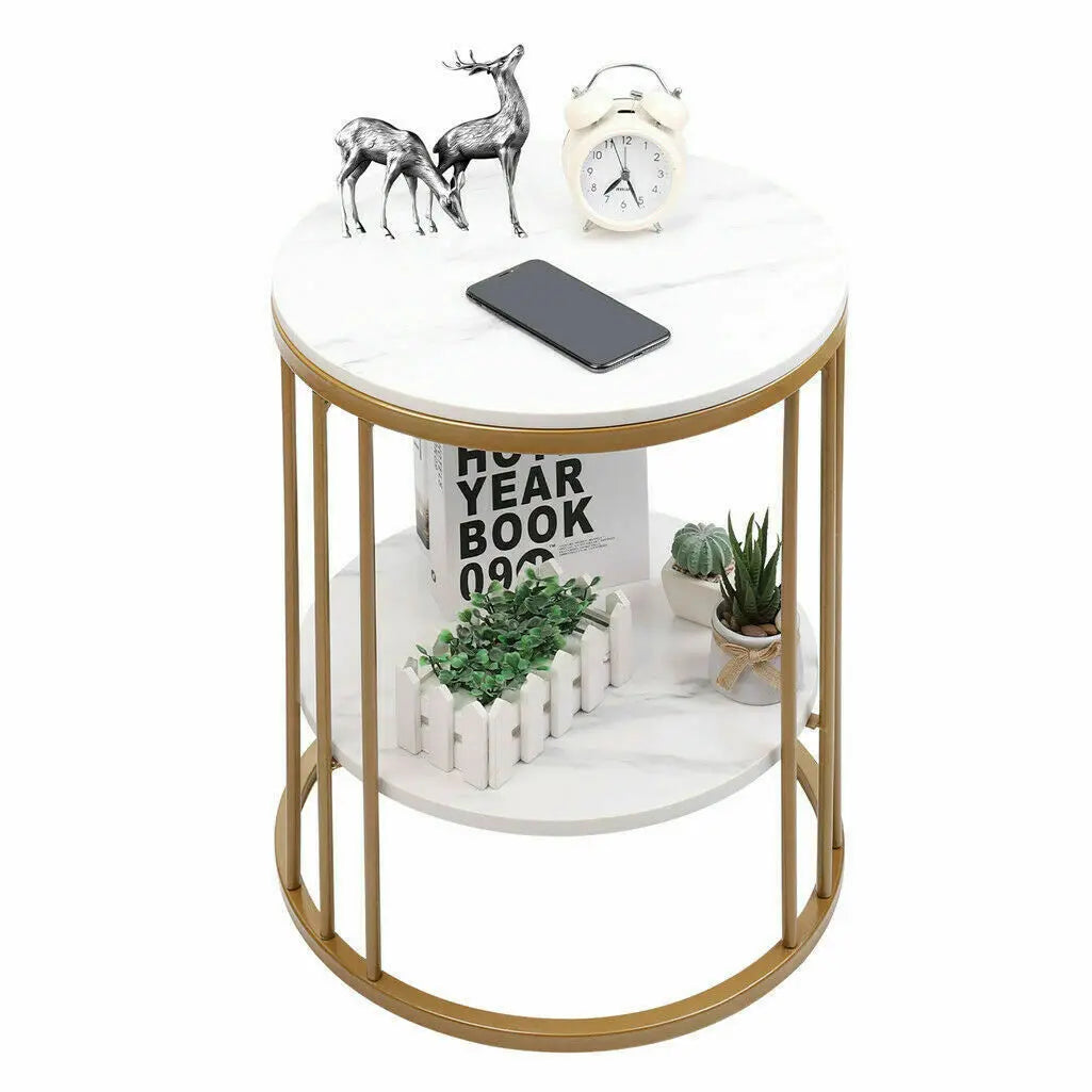 Tafel - Salontafels - Round Side Table - 2-Tier Marble Coffee Table - Bedside Table - Home Decor - 40x40x54cm - Gold