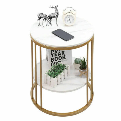 Tafel - Salontafels - Round Side Table - 2-Tier Marble Coffee Table - Bedside Table - Home Decor - 40x40x54cm - Gold