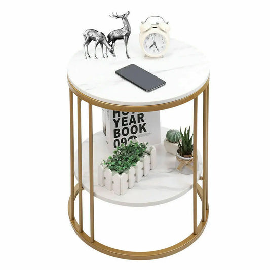 Table - Coffee Tables - Round Side Table - 2-Tier Marble Coffee Table - Bedside Table - Home Decor - 40x40x54cm - Gold