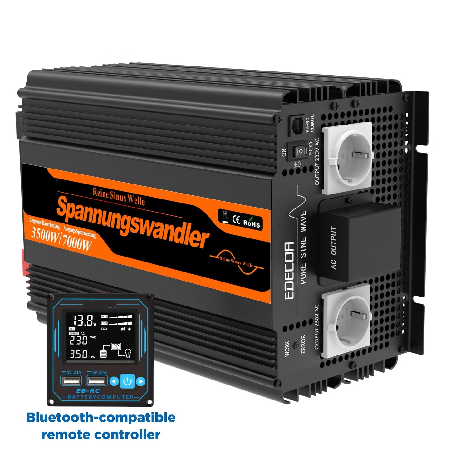 Zuivere Sinus Omvormer – Inverter – Stroomomvormer – 12V Naar 230V – 3500W Continu Vermogen – Bluetooth Afstandsbediening - QUORE
