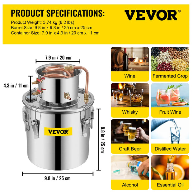 Vevor - Beer Distiller 20L - Manual - Stainless Steel - Versatile Solution for Brewing and Distilling - Silver