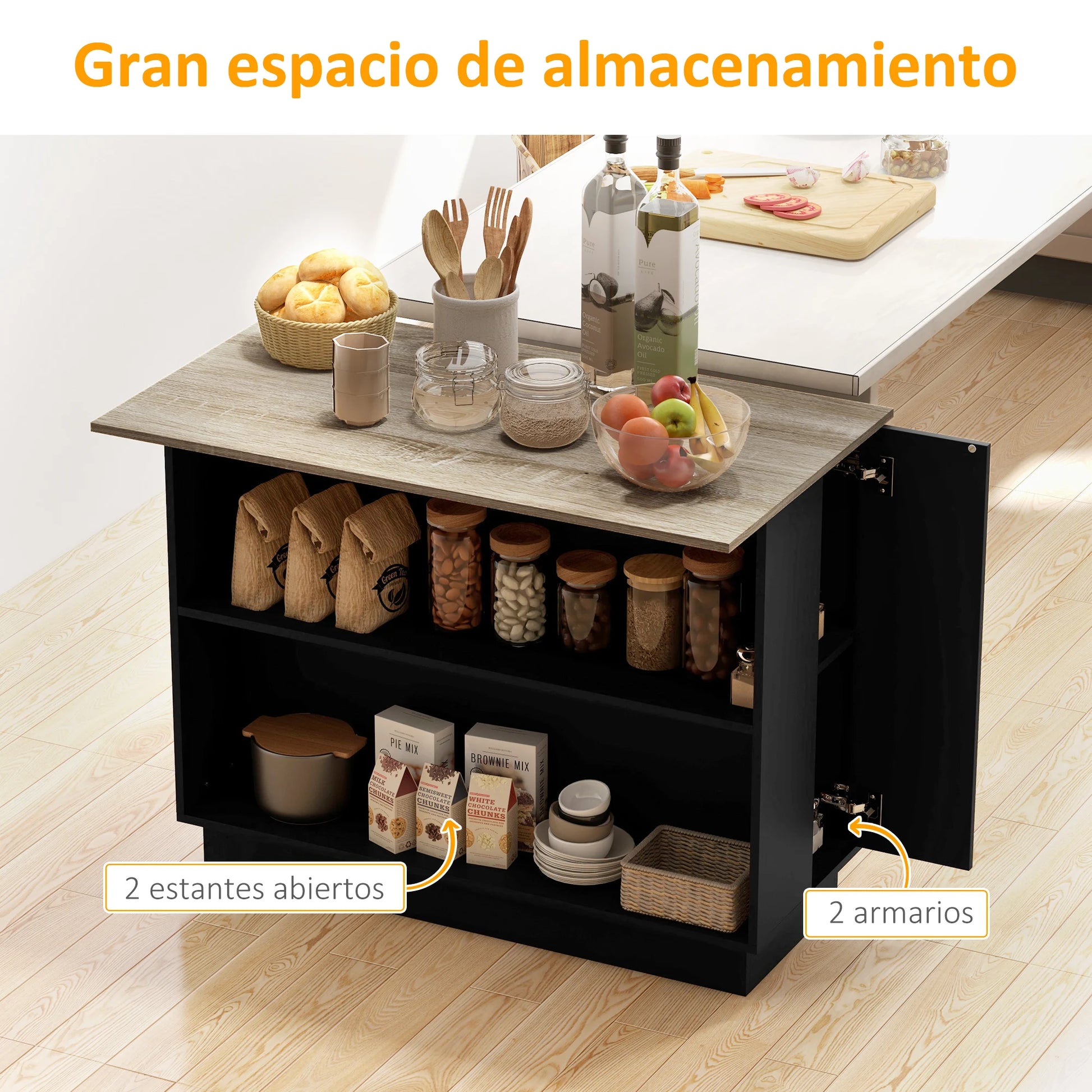Keuken Zijtafel – Extra Werkruimte – Keukentafel – Opbergmeubel – Praktische Zijtafel – Push-To-Open Deuren - 105 x 60 x 82 cm - Zwart en Eiken - QUORE