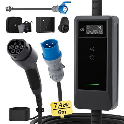 Draagbare Ev-Lader – Elektrische Auto Oplader – Laadkabel Type 2 – Mobiele Lader – Plug-in Hybrid Charger – 7,4 KW Vermogen – Instelbare Laadstroom & 6 Meter Kabel