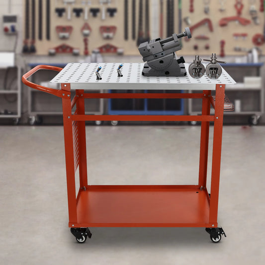 Industriële Stalen Werktafel – Werkbank – Montagebank – Werkbank Met Wielen – Mobiele Werktafel Rood – Draagvermogen 272 kg – Dubbele Werkplanken Met 9 Haken En Zijbord - QUORE