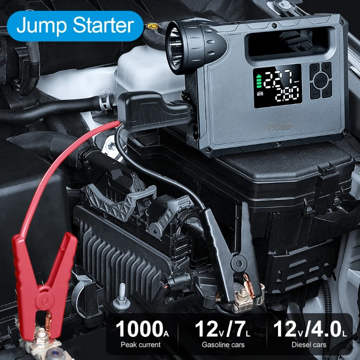 5-in-1 - Auto-Starthulp - Draagbare Zaklamp - Startapparaat Power Bank - Automotive Booster-start - met Luchtcompressor - 12000-18000mAh - 1000A - 150PSI - 12V - 10W - 1300LM - Zwart