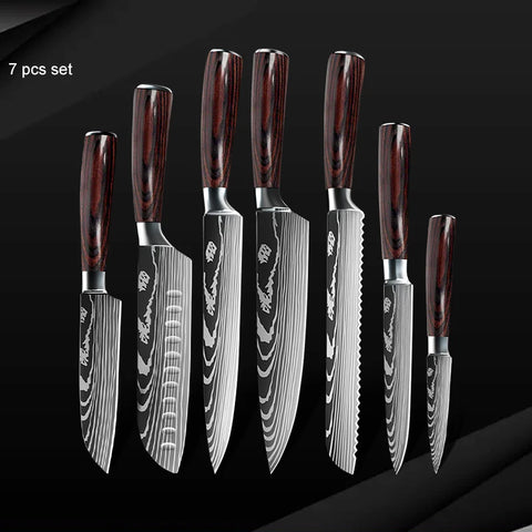 Keukenmessen - Knife set - Chef Knife - Knives - Kitchen Knife - Roestvrij staal met hoog koolstofgehalte - Damascus-tekening - Hakmesset - Santoku-koksmes - 7stuks