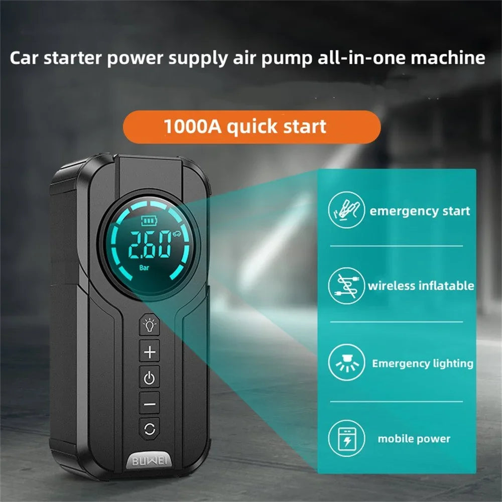 Buvaye - Jumpstarter voor Auto - Startkabels - Starthulp - Luchtcompressor - 4 in 1 - 12V - Jumpstarters - Powerbank 8000mah - Zwart - QUORE