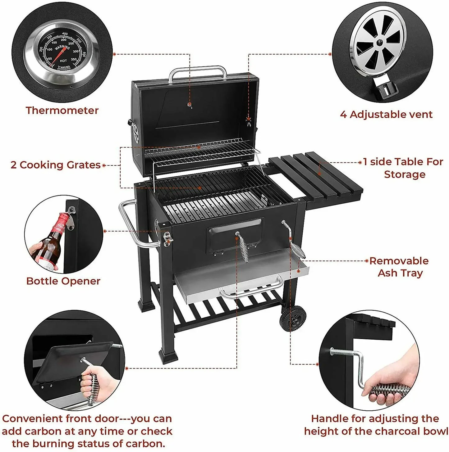 Houtskool Barbecue - Grote Barbecue - met Wielen - 5-10 Personen - Ruim Grilloppervlak - Verstelbare Houtskooltray - en thermometer - Tuin en Camping BBQ - Gemakkelijk Schoon te Maken - QUORE