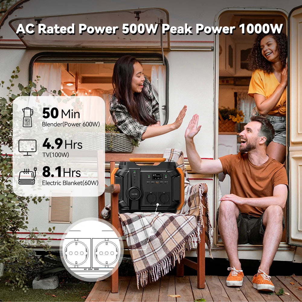 Powerstation - Stroomgenerator - Mini-Generator - Draagbare - Krachtcentrale - met Paneel - voor Thuis - Tenten - Buiten - Kamperen - 540Wh - 500W - AC 230V - 120W DC - Zwart/Oranje