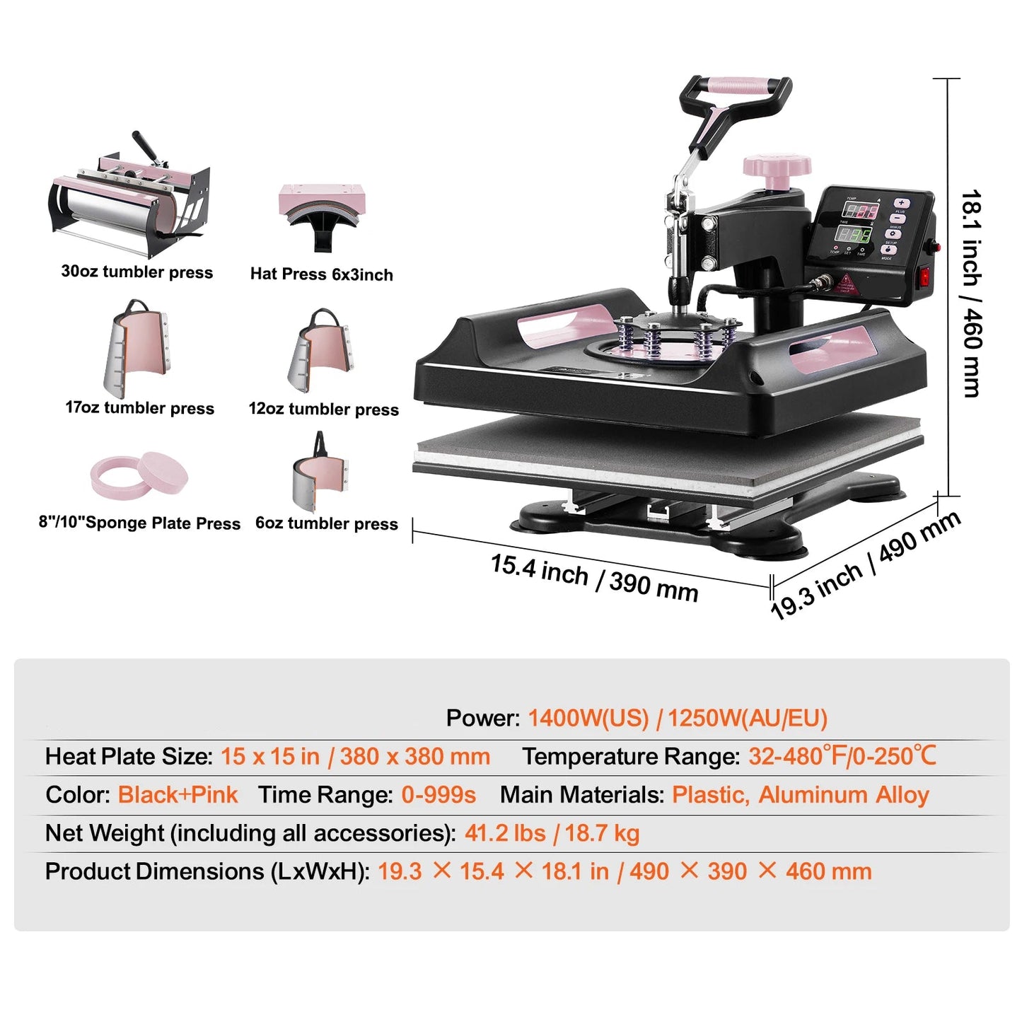 8-in-1 Warmtepers – Transferpers – Textielpers – T-shirtpers – Mokkenpers – 15x15 inch Verwarmingsplaat – 360° Draaibare Arm Veilig - Roze