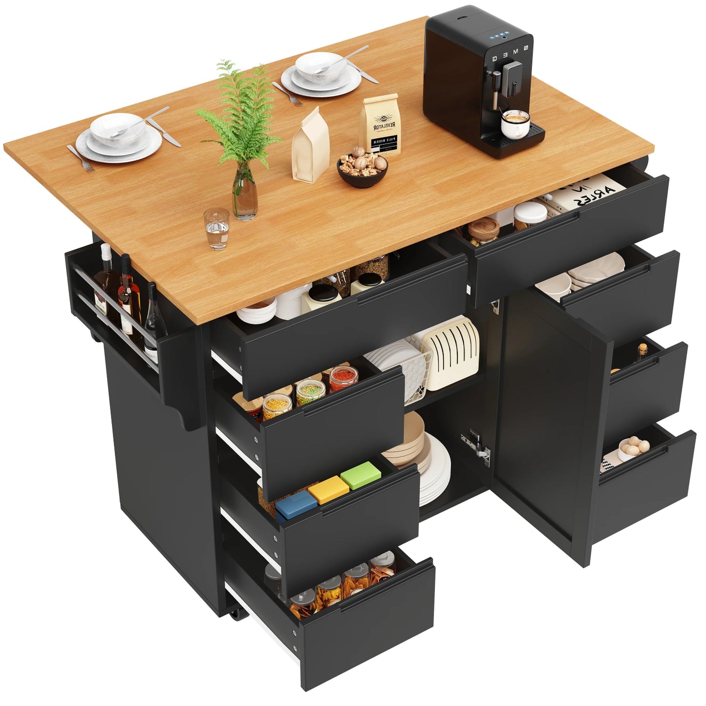 Uitklapbare Tafel – Keukentafel – Werkbank – Werktafel – Mobiele Werktafel – 8 Lades – Verstelbare Plank – 60 Kg Draagvermogen - 122 × 74.5 × 91.5 cm - Zwart