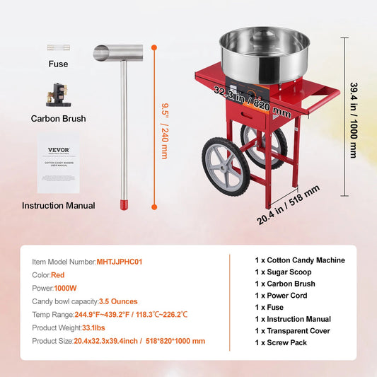 Suikerspinmachine - Elektrische Suikerspinmachine met Kar  - suikerspinmachine - Suikerspin Suiker - Professionele Suikerspinner met Roestvrijstalen Kom en Lade - Krachtige en Efficiënte Suikerspinner voor Feesten en Evenementen - 1000W - Rood
