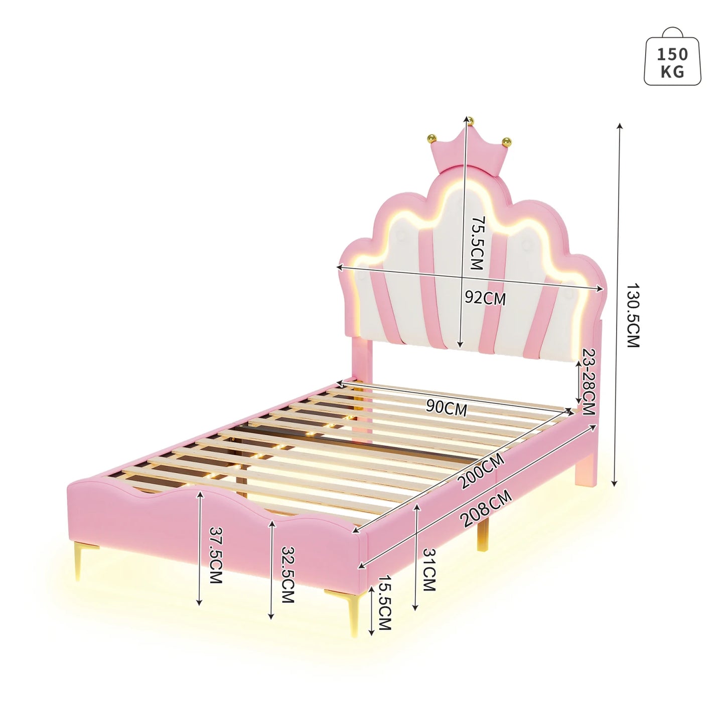 Kinderbed – Peuterbed – Juniorbed – Bedhuisje – Kinderbed met LED-verlichting – 90x200 cm – Gestoffeerd PU Leer – Kroonvormig Hoofdeinde - QUORE